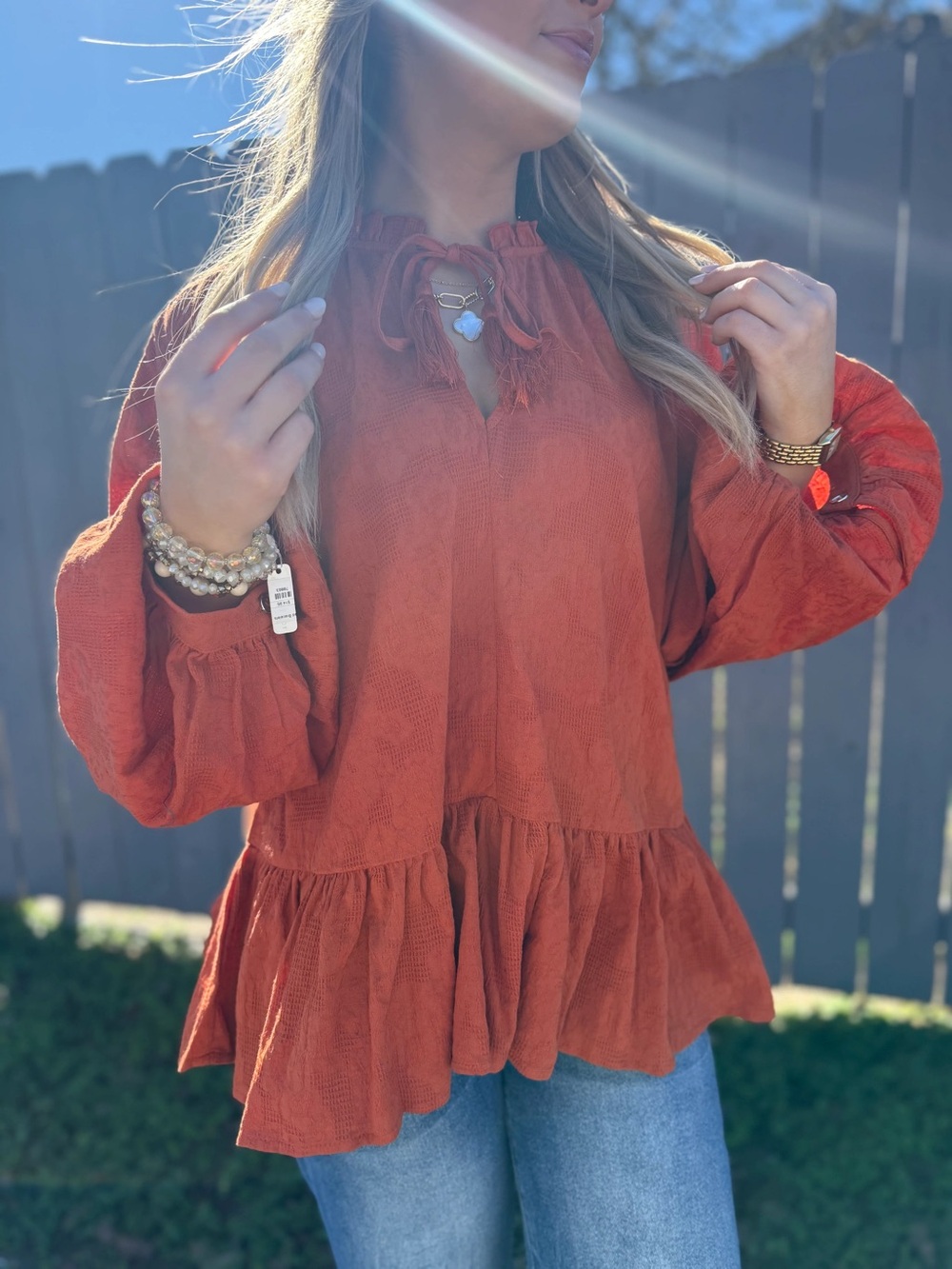 Primark Rust Ruffled Tie-Neck Peasant Blouse